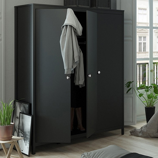 Macron Wooden Wardrobe With 3 Doors In Matt Black