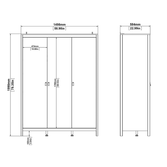Macron Wooden Wardrobe With 3 Doors In Matt Black