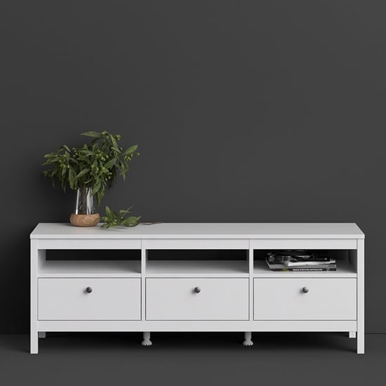 Product photograph of Macron Wooden Tv Stand In White With 3 Drawers from Furniture in Fashion