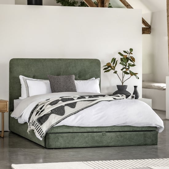 Product photograph of Madera Fabric Double Bed With Storage In Green from Furniture in Fashion