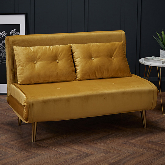 Read more about Madisen velvet sofa bed with gold legs in mustard