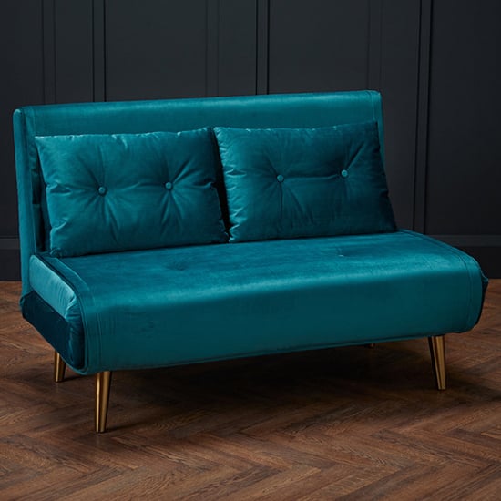 Product photograph of Madisen Velvet Sofa Bed With Gold Legs In Teal from Furniture in Fashion