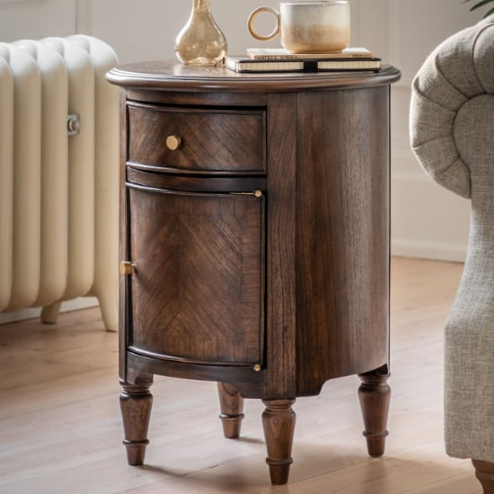 Read more about Madisen wooden side table with 1 door and 1 drawer in coffee