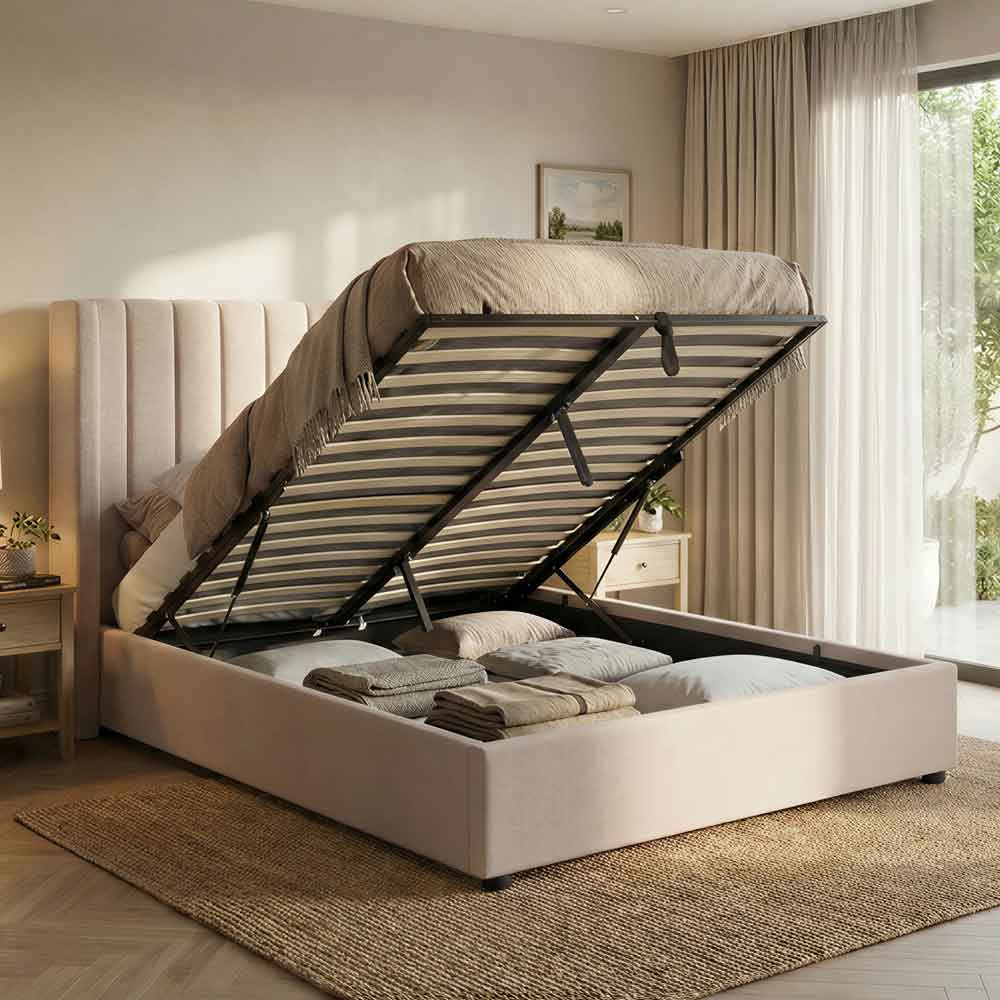 Madison Fabric Ottoman Storage King Size Bed In Stone