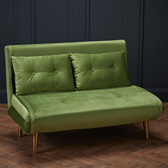 Madison Velvet Upholstered Sofa Bed In Green With Gold Legs FiF
