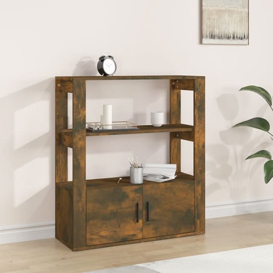 Product photograph of Madison Wooden Shelving Unit With 2 Doors In Smoked Oak from Furniture in Fashion