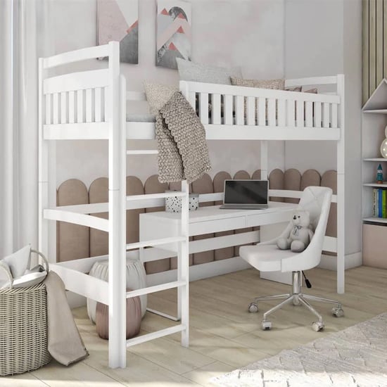 Product photograph of Madoc Wooden Loft Bunk Bed In White With Bonell Mattresses from Furniture in Fashion