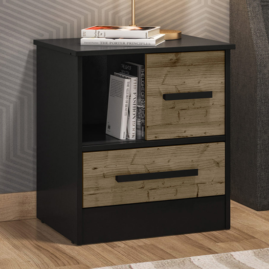 Photo of Madric wooden bedside cabinet in black and acacia effect
