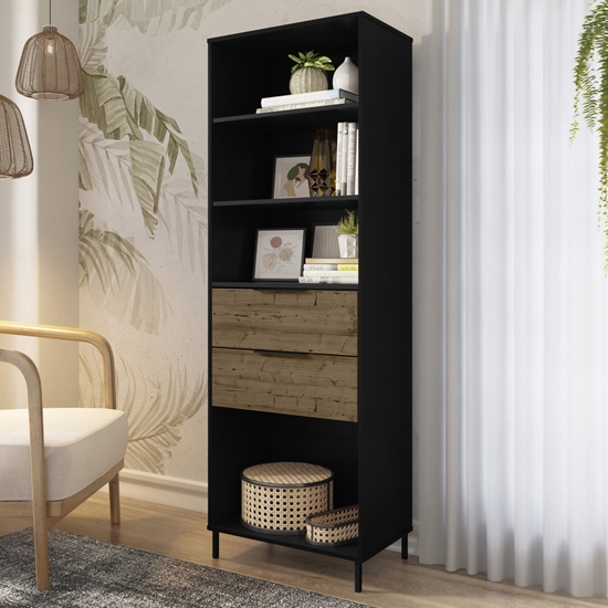 Product photograph of Madric Wooden Bookcase In Black And Acacia Effect from Furniture in Fashion