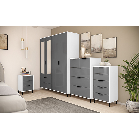 Madric Gloss Bedside Cabinet With 3 Drawers In Grey And White