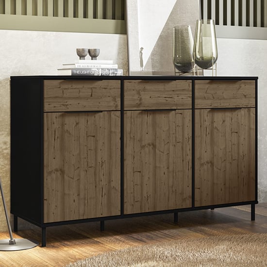 Photo of Madric wooden sideboard with 3 doors in black and acacia effect