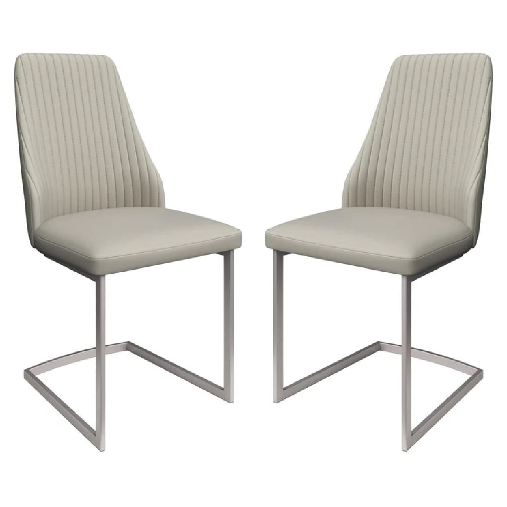 Read more about Madrid light grey leather dining chairs with steel legs in pair
