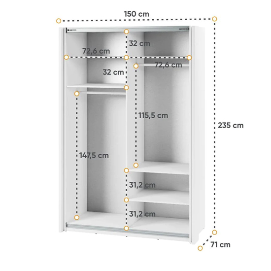 Madrid Wardrobe 150cm With 2 Sliding Doors In White And LED