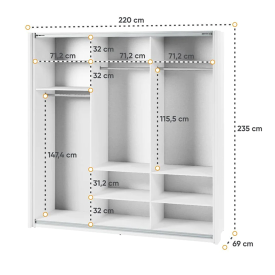 Madrid Wardrobe 220cm With 3 Sliding Doors In White And LED