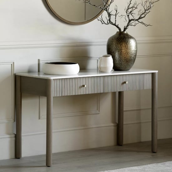 Product photograph of Madrid White Marble Top Console Table 2 Drawers In Grey Wash from Furniture in Fashion