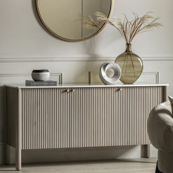 Read more about Madrid white marble top sideboard with 4 doors in grey wash