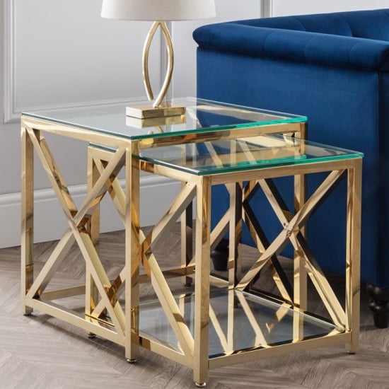 Product photograph of Maemi Clear Glass Nest Of 2 Tables With Gold Frame from Furniture in Fashion