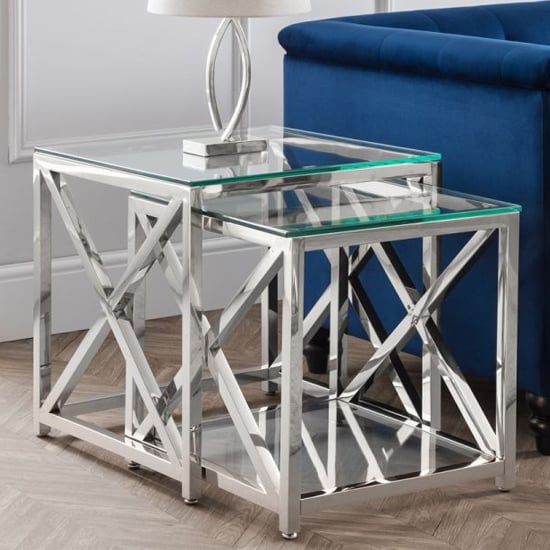 Product photograph of Maemi Clear Glass Nest Of 2 Tables With Silver Frame from Furniture in Fashion