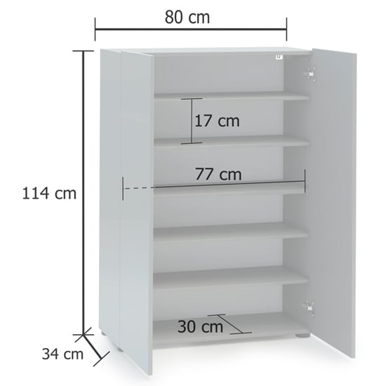 Maestro High Gloss Shoe Cabinet 2 Doors 5 Shelves In White