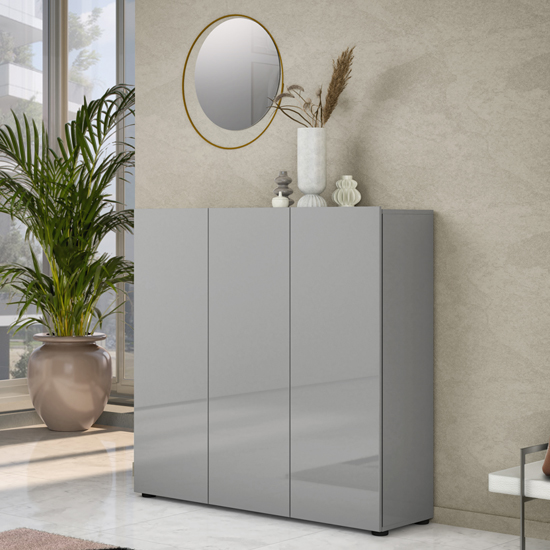 Read more about Maestro high gloss shoe cabinet 3 doors 10 shelves in grey