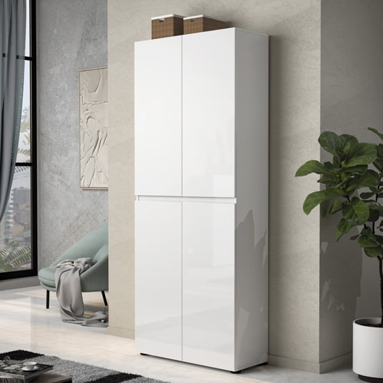 Maestro High Gloss Shoe Cabinet Tall 4 Doors 10 Shelves In White