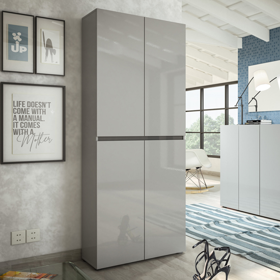 Maestro High Gloss Shoe Cabinet Tall 4 Doors 10 Shelves In Grey