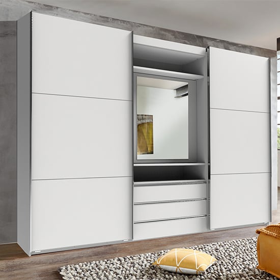 Read more about Magic mirrored sliding door wardrobe in white with tv shelf