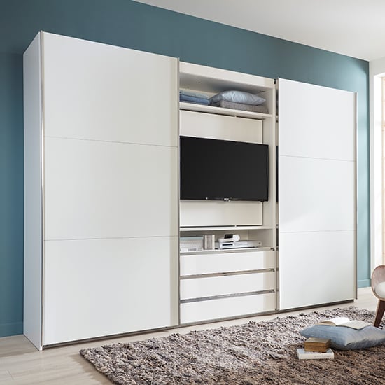 Product photograph of Magic Wooden Sliding Door Wardrobe In White With Tv Shelf from Furniture in Fashion