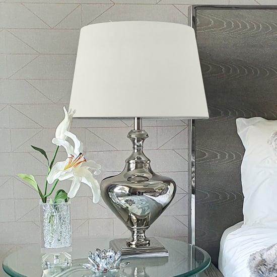 Photo of Magna drum-shaped grey shade table lamp with nickel base