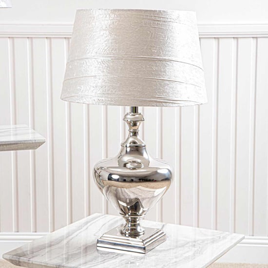 Photo of Magna drum-shaped white shade table lamp with nickel base