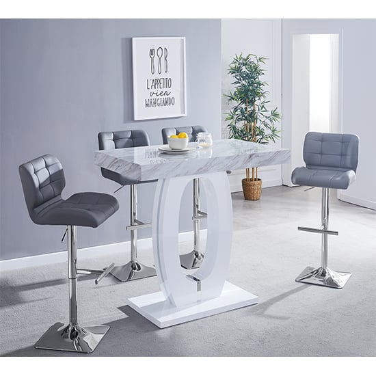 Halo Magnesia Marble Effect Bar Table With 4 Candid Grey Stools