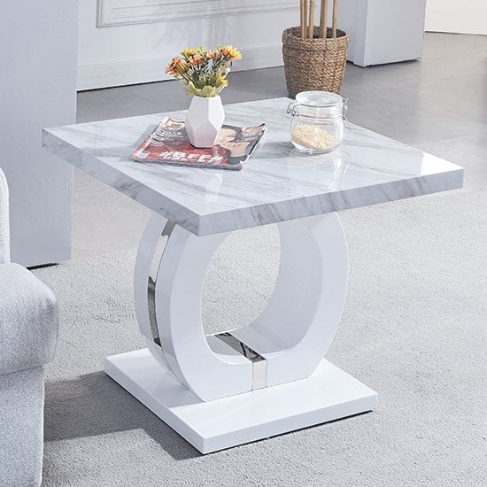 Halo High Gloss Lamp Table In Magnesia Marble Effect