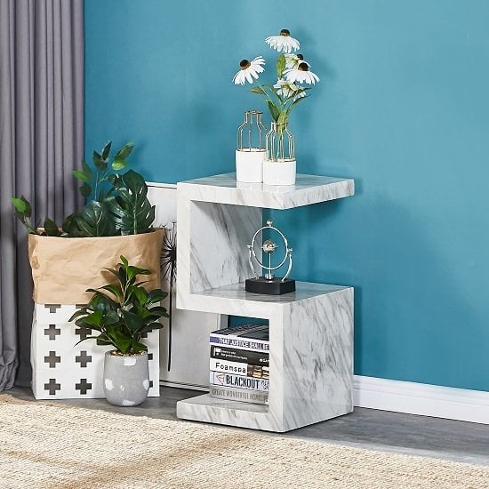 Photo of Miami high gloss s shape side table in magnesia marble effect