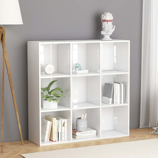 Magni High Gloss Bookcase With 9 Shelves In White Furniture in Fashion