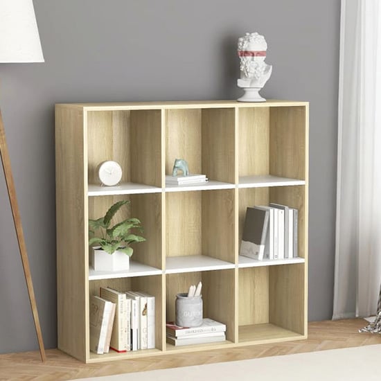 Magni Wooden Bookcase With 9 Shelves In White Sonoma Oak