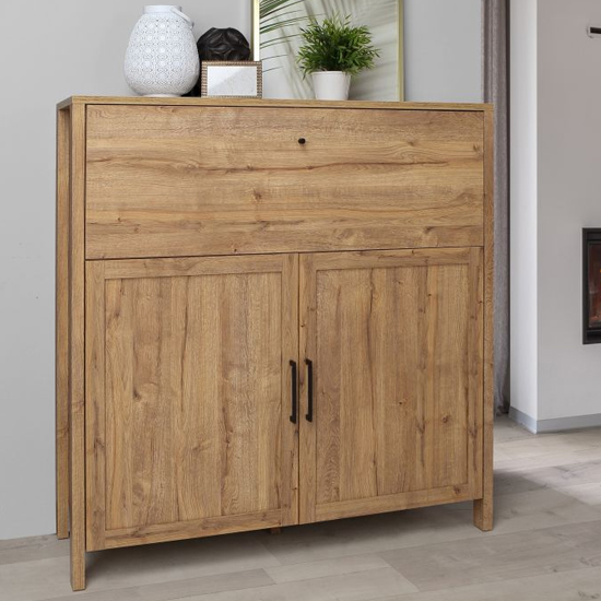 Read more about Mahon wooden bar table with storage in waterford oak