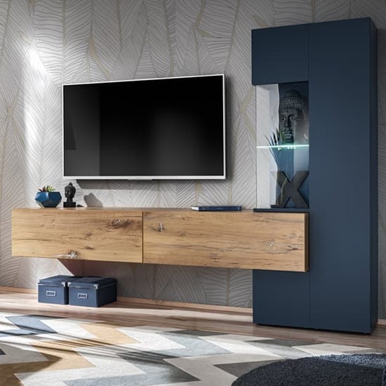 Product photograph of Mahon Wooden Entertainment Unit In Flagstaff Oak And Navy Led from Furniture in Fashion