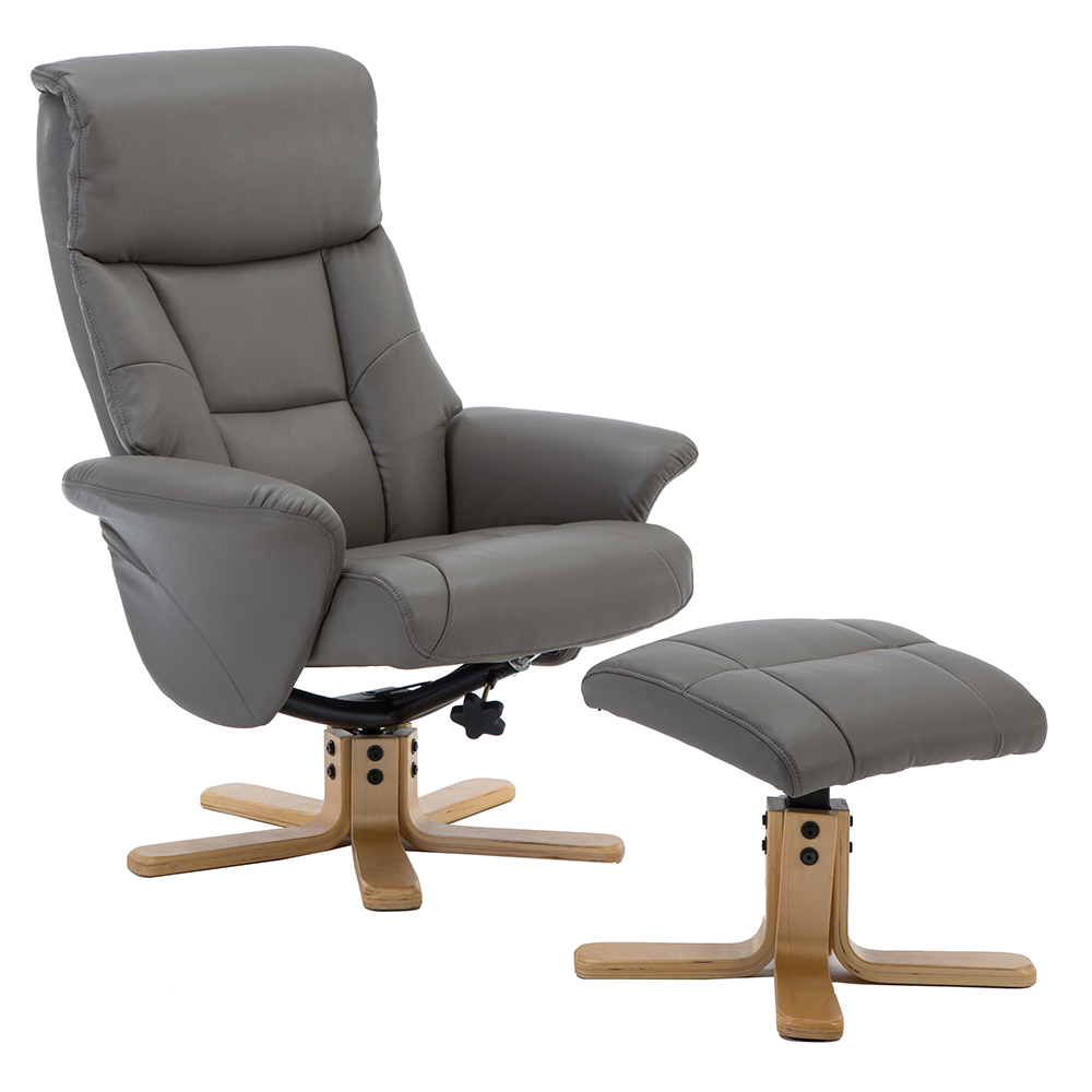 Maida Leather Recliner Chair With Footstool In Grey Natural