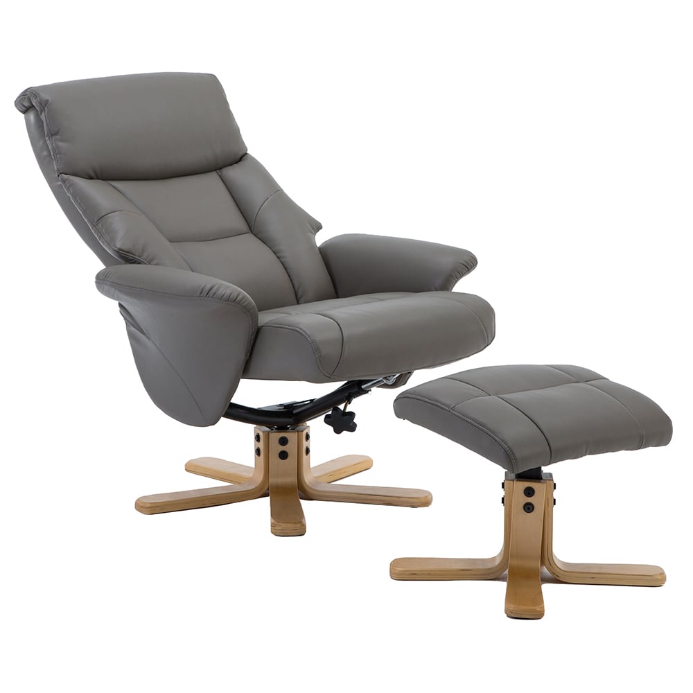 Maida Leather Recliner Chair With Footstool In Grey Natural