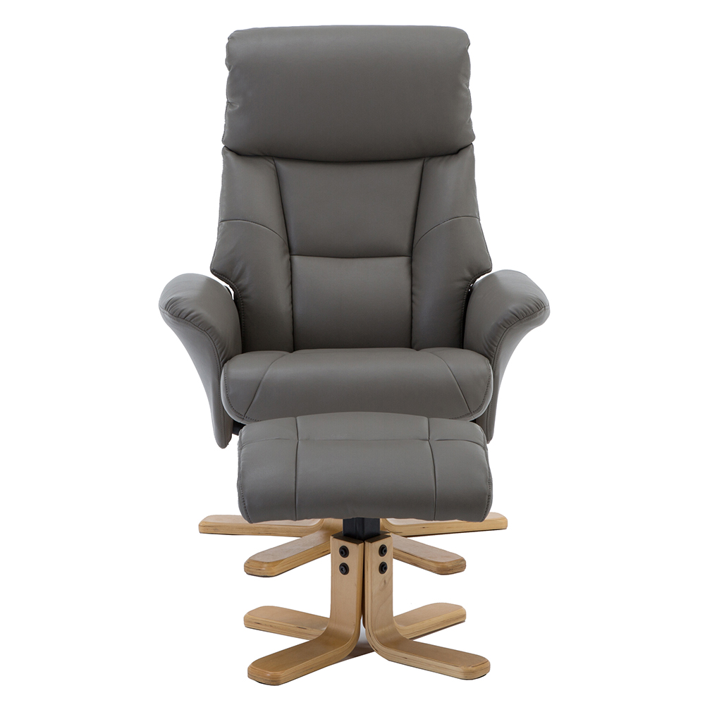 Maida Leather Recliner Chair With Footstool In Grey Natural