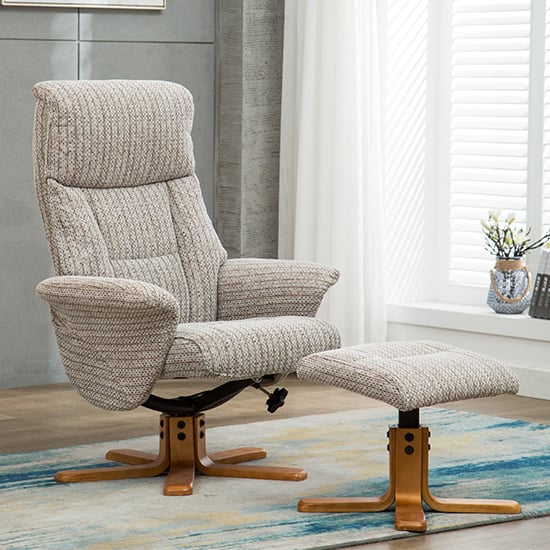 Photo of Maida fabric swivel recliner chair and footstool in wheat