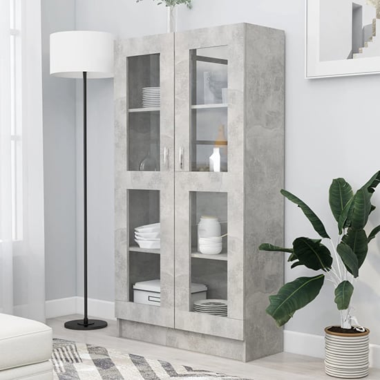 Photo of Maili tall wooden display cabinet with 2 doors in concrete effect