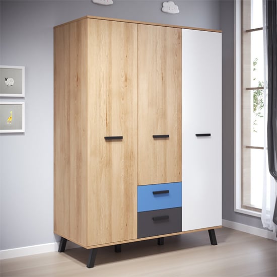 Maili Wooden Wardrobe 3 Doors In Beech And Multicolour
