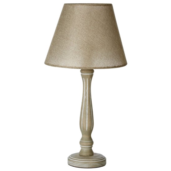 Read more about Mainot beige fabric shade table lamp with natural base