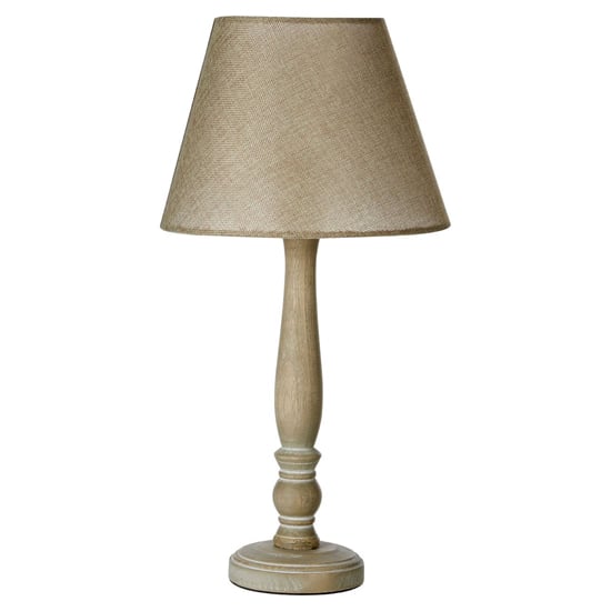 Read more about Mainot beige fabric shade table lamp with natural wooden base