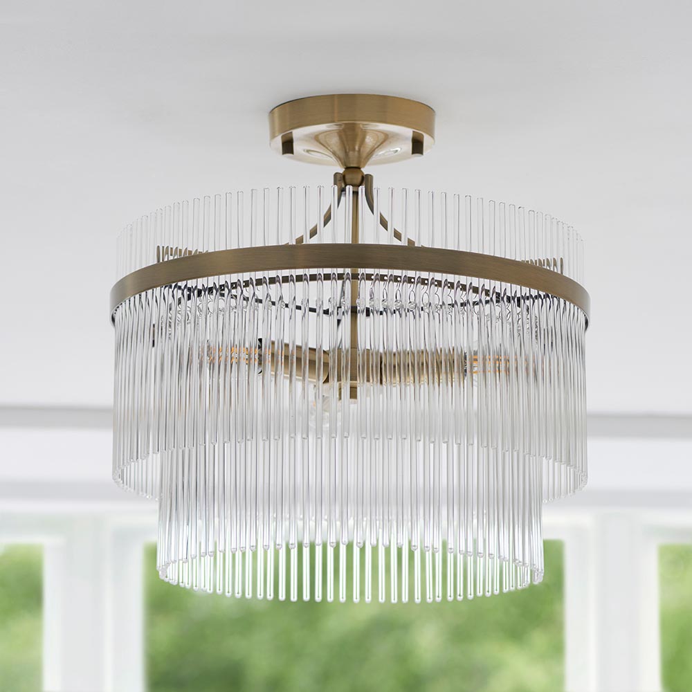 Mainz 3 Light Clear Glass Semi Flush Light In Antique Brass