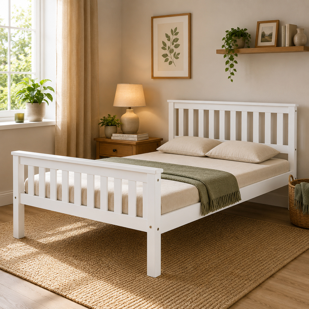 Maire High Foot End Pine Wooden King Size Bed In White