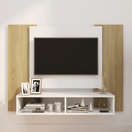 Maisie Wooden Wall Hung Entertainment Unit In White Sonoma Oak