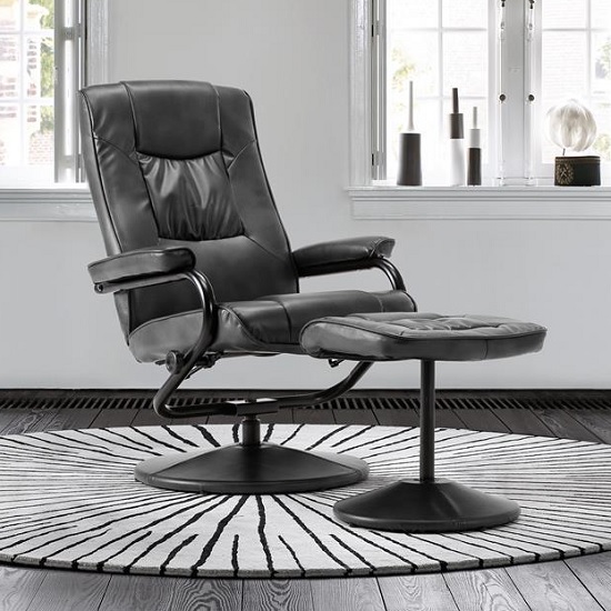 Photo of Maison relaxing swivel chair and footstool in black faux leather