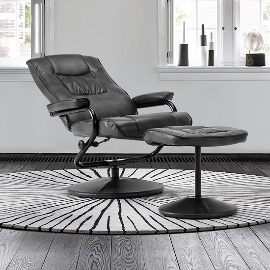 Maison Relaxing Swivel Chair And Footstool In Black Faux Leather_3